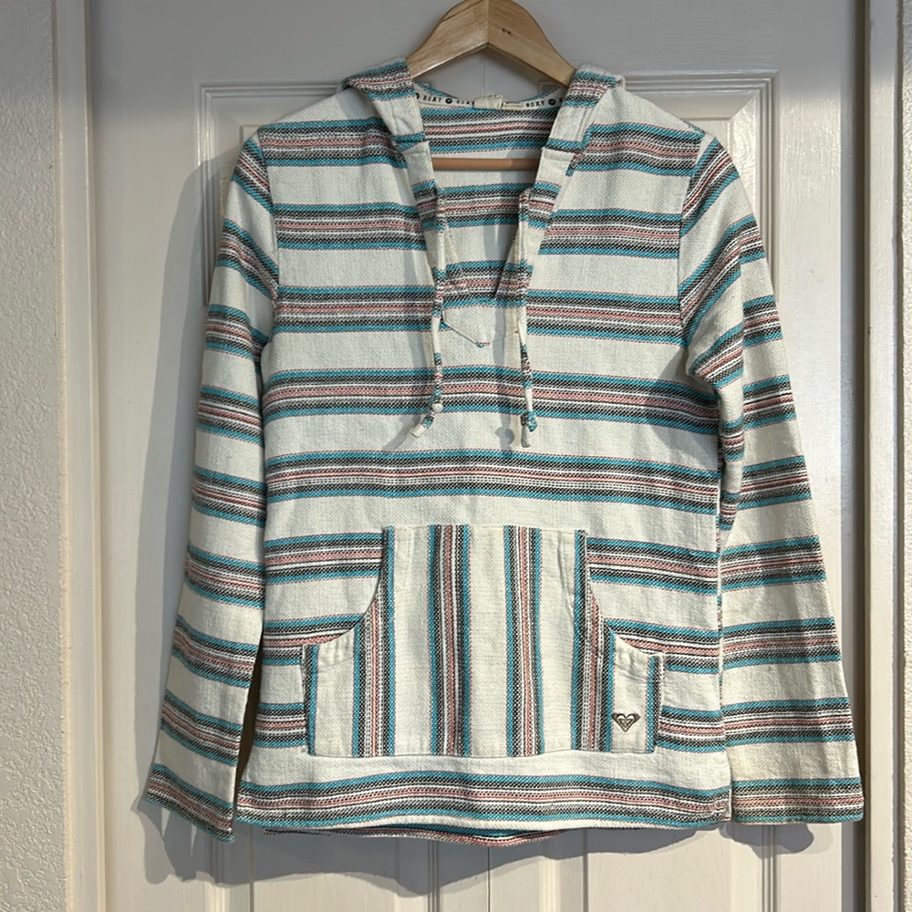 Roxy Poncho Style Hooded Striped Beach Cotton Cover Up